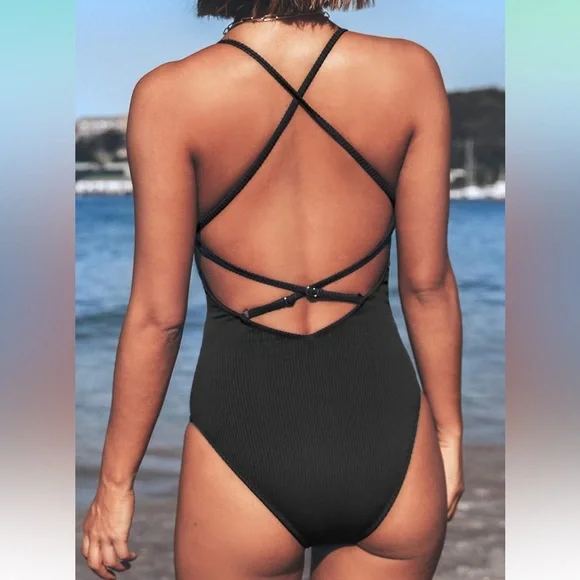 CUPSHE Women's Solid Color V Neck Lace Up One Piece Swimsuit #1F - Picture 5 of 5